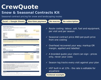 Może przedstawiać: Cyfrowy dokument zatytułowany CrewQuote Snow & Seasonal Contracts Kit na ciemnoniebieskim tle. Zawiera przykładową wycenę usług sezonowych, wymienia funkcje takie jak koszty tras i wyceny kontraktów oraz zaznacza, że jest to przykład fikcyjny.