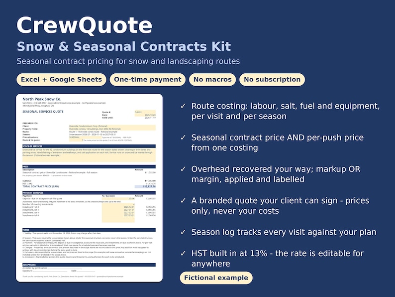 Puede incluir: Un documento digital titulado CrewQuote Snow & Seasonal Contracts Kit sobre un fondo azul oscuro. Presenta un ejemplo de presupuesto de servicios estacionales, enumera funciones como costes de ruta y precios de contrato, y se&ntilde;ala que es un ejemplo ficticio.