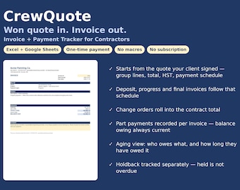 Puede incluir: Una herramienta digital de seguimiento de facturas y pagos para contratistas llamada CrewQuote. La imagen muestra un documento de factura de muestra junto a una lista de funciones que incluyen conversión de presupuesto a factura, facturación progresiva y saldos.