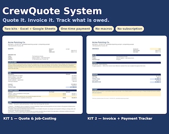 Puede incluir: El sistema CrewQuote incluye dos kits de plantillas para Excel y Google Sheets. El kit 1 muestra un presupuesto y cálculo de costes, mientras que el kit 2 presenta una factura y un rastreador de pagos. Sin macros ni suscripciones.