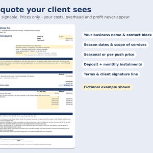 Puede incluir: Un documento blanco titulado The quote your client sees, que muestra una plantilla de presupuesto de servicios estacionales de North Peak Snow Co. con secciones para contacto, alcance de servicios, precios, pagos, t&eacute;rminos y una l&iacute;nea de firma.