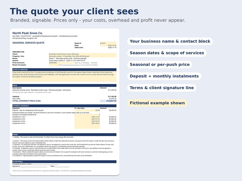 Puede incluir: Un documento blanco titulado The quote your client sees, que muestra una plantilla de presupuesto de servicios estacionales de North Peak Snow Co. con secciones para contacto, alcance de servicios, precios, pagos, t&eacute;rminos y una l&iacute;nea de firma.