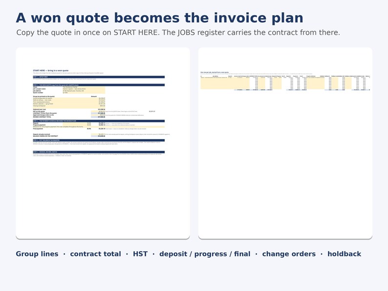 Może przedstawiać: Cyfrowy dokument zatytułowany A won quote becomes the invoice plan, zawierający układ arkusza kalkulacyjnego z sekcjami START HERE, sumami kontrakt&oacute;w, HST, depozytami, płatnościami etapowymi, zmianami i zatrzymaniami.
