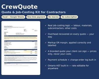 Puede incluir: Kit de presupuestos y cálculo de costes CrewQuote para contratistas. Incluye plantillas de Excel y Google Sheets sin macros ni suscripciones. Cuenta con lógica de costes real, recuperación de gastos generales, herramientas de margen, presupuestos personalizados, calendarios de pago, registros de cambios y tasas impositivas editables.