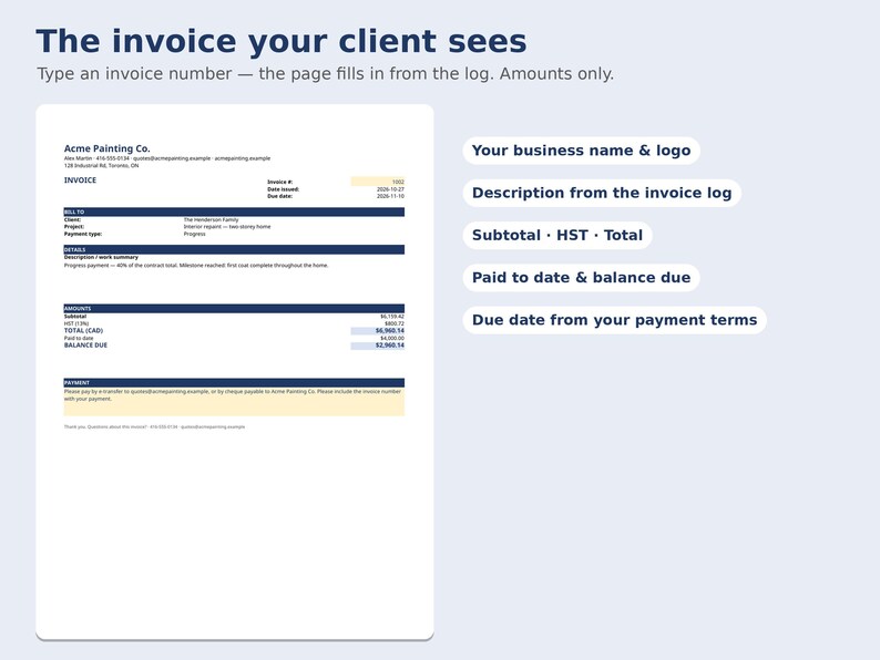 Może przedstawiać: Cyfrowy szablon faktury zatytułowany The invoice your client sees, zawierający sekcje na nazwę firmy, logo, opisy z rejestru, sumę częściową, podatek, sumę całkowitą, kwotę zapłaconą, saldo do zapłaty oraz warunki płatności.