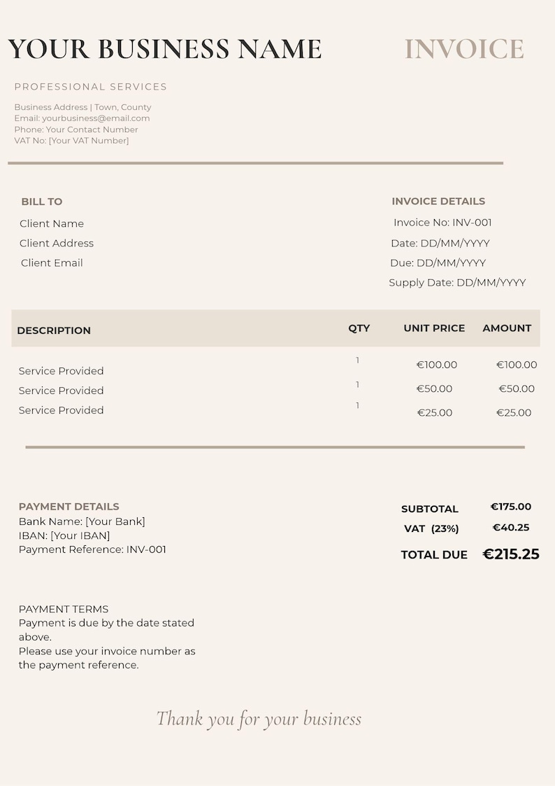Luxury Minimalist Invoice Template – Ivory & Taupe A4 - Etsy