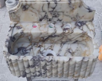 Hand-Carved Calacatta Viola Marble Sink, Fluted Rectangular Vanity Basin (Custom Size), With Marble Backsplash, MarloweMarbleCo