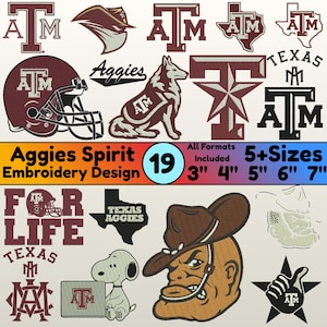 Puede incluir: Una colección de 19 diseños de bordado Aggies Spirit con logotipos de Texas A&M, un casco de fútbol americano, una mascota, un perro, Snoopy y el texto Aggies Spirit Embroidery Design 19 All Formats Included 5+Sizes 3" 4" 5" 6" 7".
