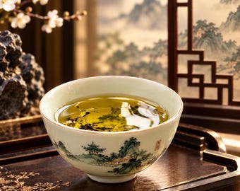 Puede incluir: Un cuenco de té de cerámica de color claro lleno de té verde dorado, con un diseño de paisaje pintado a mano en tonos verdes y marrones que representa montañas, árboles y una pequeña estructura, con un pequeño sello rojo en el lateral.