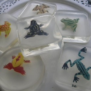 May include: Six clear square soap bars with different frog designs. Each bar features a different colored frog with black eyes. The frogs are yellow, green, black, and blue.