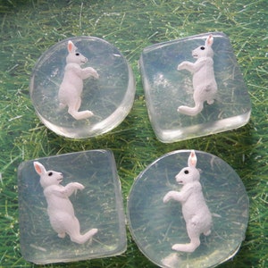 May include: Four clear soap bars with white rabbit figurines inside. The soap bars are in different shapes, including round and square.