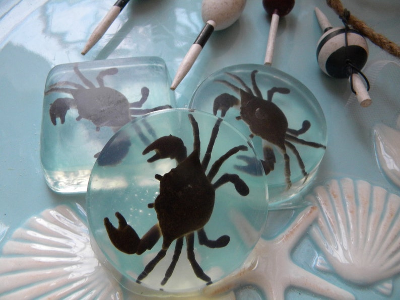 May include: Three clear resin coasters with a silhouette of a crab inside each. The coasters are on a blue and white tiled surface.