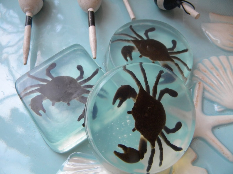 May include: Three clear resin paperweights with a crab silhouette inside. The crabs are black and the resin is clear with a light blue tint. The paperweights are on a light blue surface.
