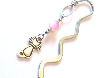 Cat bookmark and pink glass marbles - small silver bookmark -