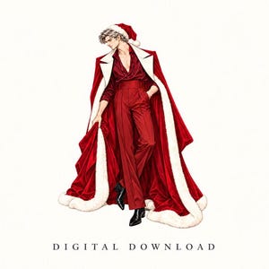 Op de afbeelding: Een digitale illustratie van een persoon met zilverkleurig haar, gekleed in een rode kerstmuts, een donkerrood overhemd, een rode broek met hoge taille en een lange rode cape met witte bontrand. De tekst DIGITAL DOWNLOAD staat eronder vermeld.