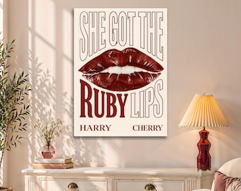 Ruby Lips Wall Art, Canvas and Paper Print, Framed Red Romantic Typography Poster