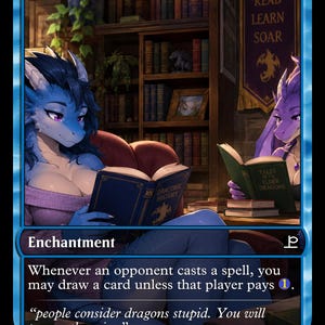 May include: A blue-bordered trading card titled Rhystic Study featuring two blue and purple dragon-like figures reading books in a library. The card text includes the enchantment rules and the quote: people consider dragons stupid. You will prove otherwise.