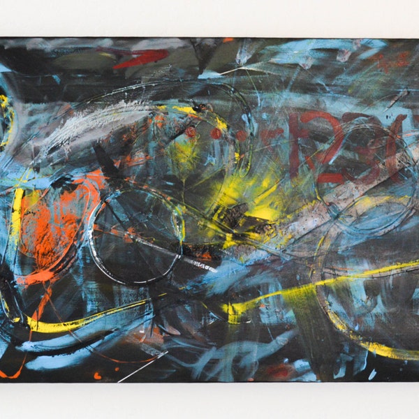 Number of the Beast- an original abstract acrylic painting, urban art, street art, graffiti art, blue, orange, yellow, abstract art