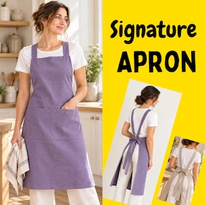 May include: A purple apron with a white t-shirt, featuring a front pocket and a cross-back design with tie closures. The text Signature APRON is displayed in black on a yellow background. The apron is shown from the front and back.