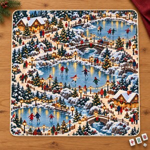 May include: A rectangular jigsaw puzzle featuring a detailed winter scene with multiple frozen ponds, stone bridges, snow-covered pine trees, and illuminated cabins. Numerous small figures are ice skating across the blue frozen water.