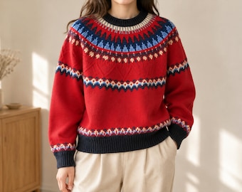 Fair Isle Wool Sweater with Patterned Yoke, Crew Neck Knit Pullover in Red, Cream Coffee or Green, One Size Winter Jumper Christmas gift