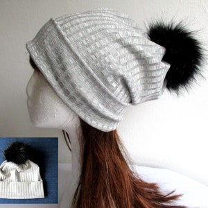 winter slouchy faux fur pom pom chemo 2 layers jersey fold up beanie/ hat/ cap sewing pattern pdf, 10 sizes, for woman girl kid man