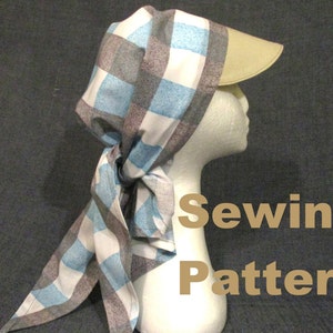 May include: A sewing pattern for a checkered fabric hat with a tan brim. The hat is tied with a bow at the back of the neck.
