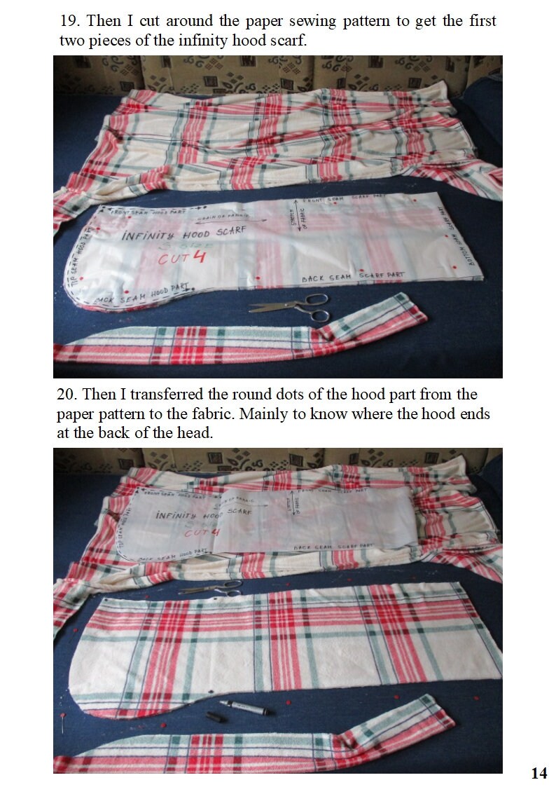 May include: A close-up of a red and white checked fabric with a paper pattern on top. The pattern is for an infinity hood scarf and has the words "INFINITY HOOD SCARF" and "CUT 4" written on it. There are also scissors and a pen on the fabric.