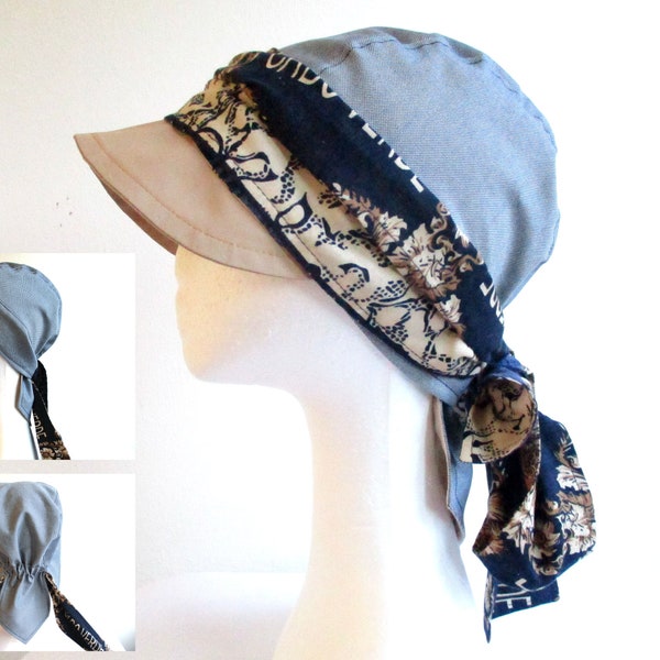 chemo head scarf with elastic back + tie straps/lined alopecia hair loss visor hat/PDF sewing pattern (8 sizes) + tutorial/ woman girl