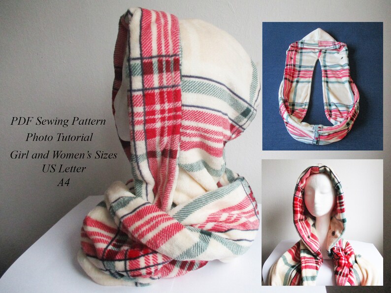 May include: A hooded scarf sewing pattern in red, white and green plaid. The pattern includes instructions for both girl and women's sizes. The pattern is available in US Letter and A4 sizes. PDF Sewing Pattern Photo Tutorial Girl and Women's Sizes US Letter A4