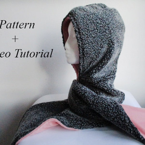 woman faux fur hooded scarf with fleece fabric lining PDF sewing pattern (XS - 3XL sizes) + video tutorial