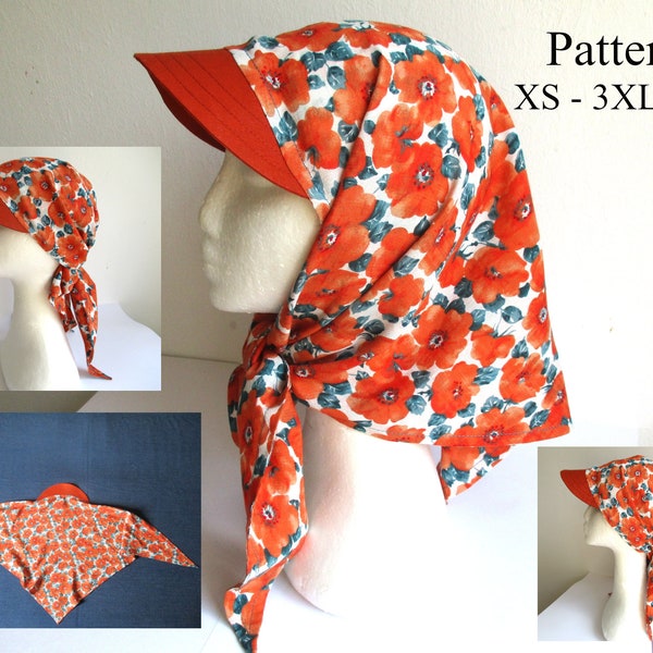 woman girl sun summer cotton chemo kerchief with visor/ brim/ sewing pattern PDF + photo tutorial/ XS - 3XL sizes