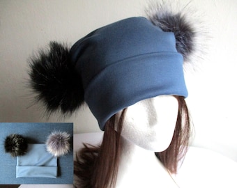 winter double faux fur pom poms chemo 2 layers jersey square beanie/ hat/ cap sewing pattern pdf, 10 sizes, for woman girl kid man