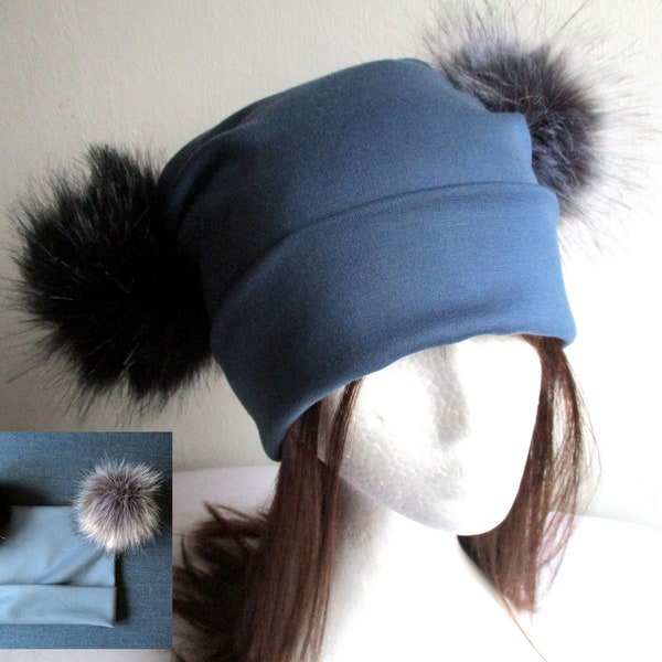 winter double faux fur pom poms chemo 2 layers jersey square beanie/ hat/ cap sewing pattern pdf, 10 sizes, for woman girl kid man