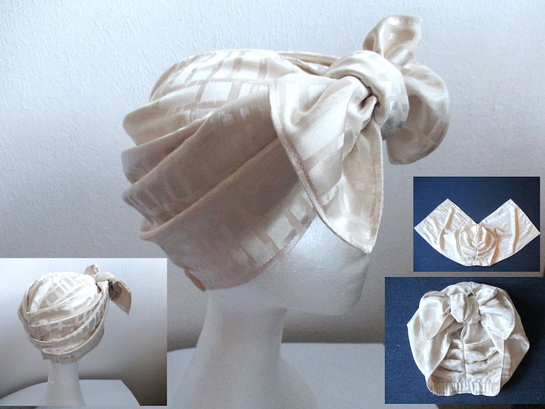 chemo silk turban/ tie up straps alopecia hat/ hair loss back elastic headcover/ sewing pattern PDF/ tutorial/ 7 sizes/woman and child image 1