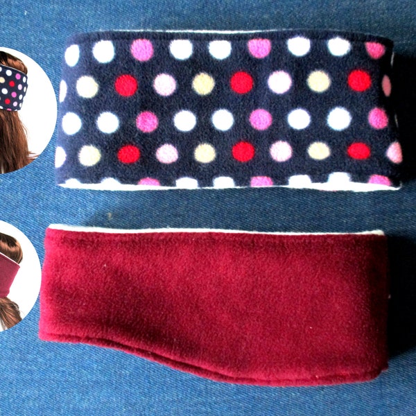 reversible fleece headband and shaped earwarmer/ each PDF sewing pattern includes 11 sizes + photo tutorial/ for adult and child