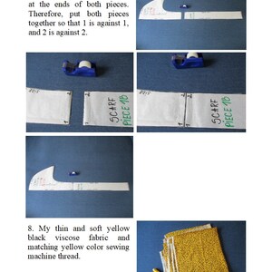 Pode incluir: Duas pe&ccedil;as de um padr&atilde;o de papel branco para uma echarpe, etiquetadas como "SCARF PIECE 1B", est&atilde;o unidas com fita adesiva azul. As pe&ccedil;as do padr&atilde;o s&atilde;o marcadas com os n&uacute;meros 1 e 2. No canto inferior direito, pode-se ver um carretel de fio amarelo e uma pilha de tecido amarelo com manchas pretas.