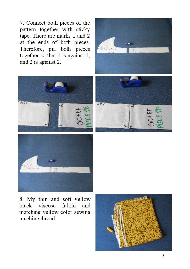 Pode incluir: Duas pe&ccedil;as de um padr&atilde;o de papel branco para uma echarpe, etiquetadas como "SCARF PIECE 1B", est&atilde;o unidas com fita adesiva azul. As pe&ccedil;as do padr&atilde;o s&atilde;o marcadas com os n&uacute;meros 1 e 2. No canto inferior direito, pode-se ver um carretel de fio amarelo e uma pilha de tecido amarelo com manchas pretas.