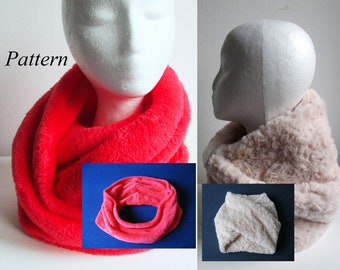 woman's winter fleece and faux fur infinity scarf PDF sewing pattern (8 sizes) and photo tutorial for beginners in English