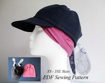 summer chemo headcover set (hat with visor and jersey beanie), sewing pattern pdf (xs - 3xl sizes) and photo tutorial, women and girls