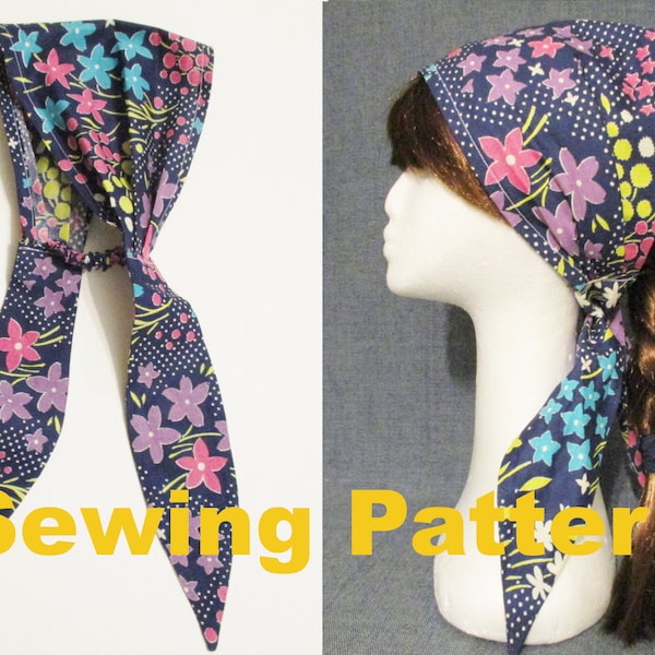 summer sun headband sewing pattern pdf/ photo tutorial, tie back head covering, pleated hair scarf, woman girl, 14 sizes