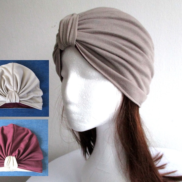 turban en jersey réversible, bonnet chimio plissé, patron de couture couvre-chef double épaisseur chute de cheveux causée par le cancer pdf, 10 tailles pour femme fille bébé