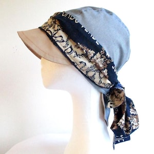 chemo head scarf with elastic back + tie straps/lined alopecia hair loss visor hat/PDF sewing pattern (8 sizes) + tutorial/ woman girl