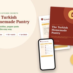 May include: A digital cookbook titled The Turkish Homemade Pantry featuring seven recipes, US and metric measurements, and jar labels. The set includes a smartphone displaying a recipe and printed pages with a dark red cover and yellow icon.