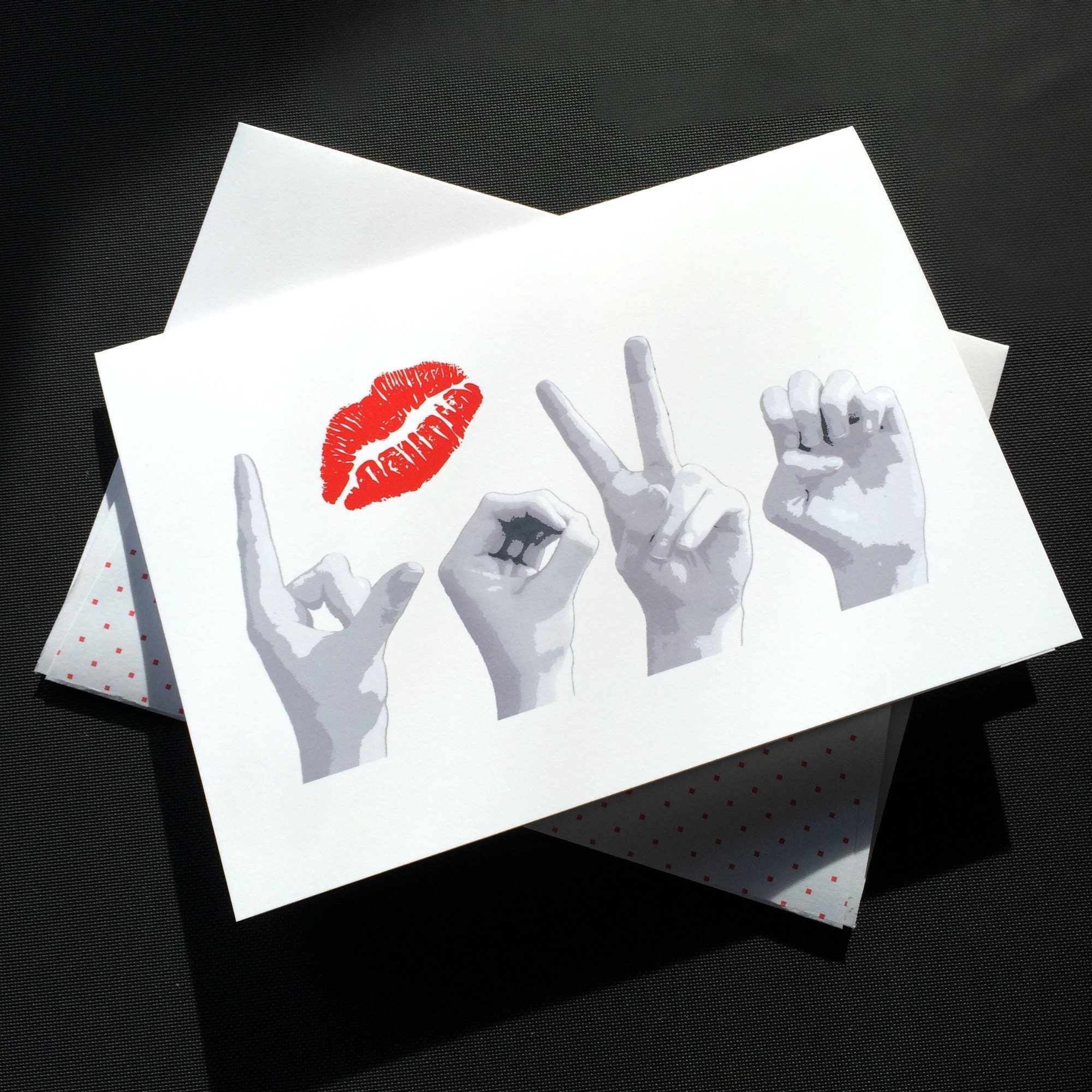 ASL LOVE Kiss Card - American Sign Language - Red or Pink Kiss blank ...