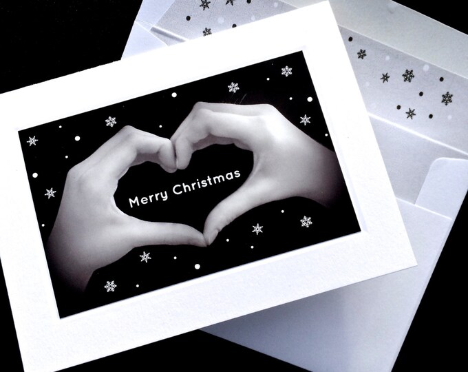 MERRY CHRISTMAS Heart Hands Sign Language Card - Black & White Photograph - Snowflake Design - Individual Greeting Cards and Boxed Sets