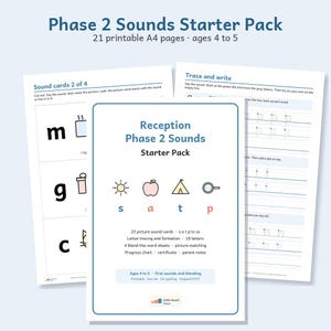 May include: A Phase 2 Sounds Starter Pack educational set featuring 21 printable A4 pages for ages 4 to 5. The documents include sound cards, letter tracing and formation sheets, blend-the-word sheets, a progress chart, and a certificate.