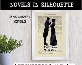 Silhouette Art Prints, Jane Austen Books, 8x10 Framable Wall Art, Six sheets included. Download and print upon purchase