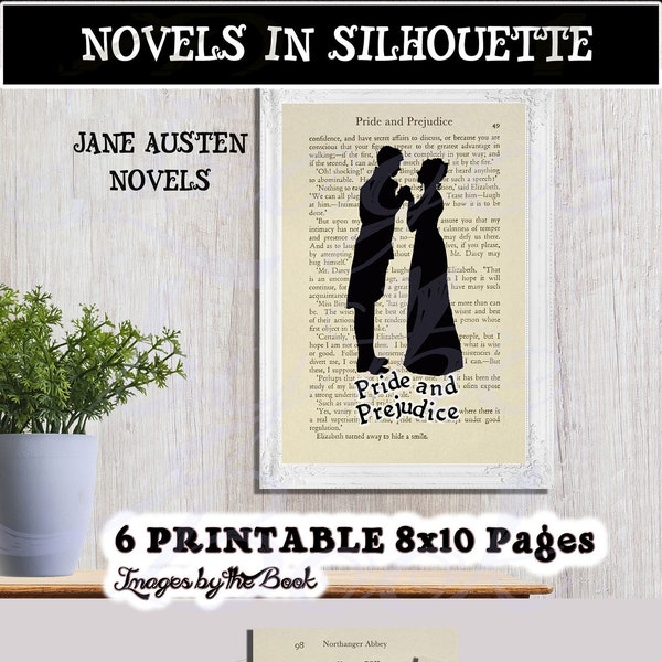 Silhouette Art Prints, Jane Austen Books, 8x10 Framable Wall Art, Six sheets included. Download and print upon purchase