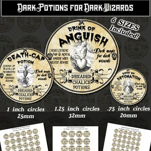 Wizard Labels, Dark Arts, Runde Bilder in 6 Größen enthalten! Nach dem Kauf herunterladen und ausdrucken